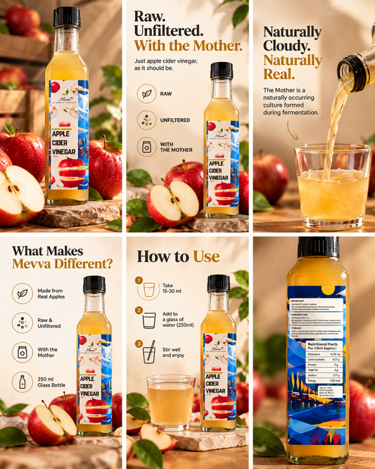 Mevva raw apple cider vinegar with Mother in a 250 ml glass bottle with fresh apples