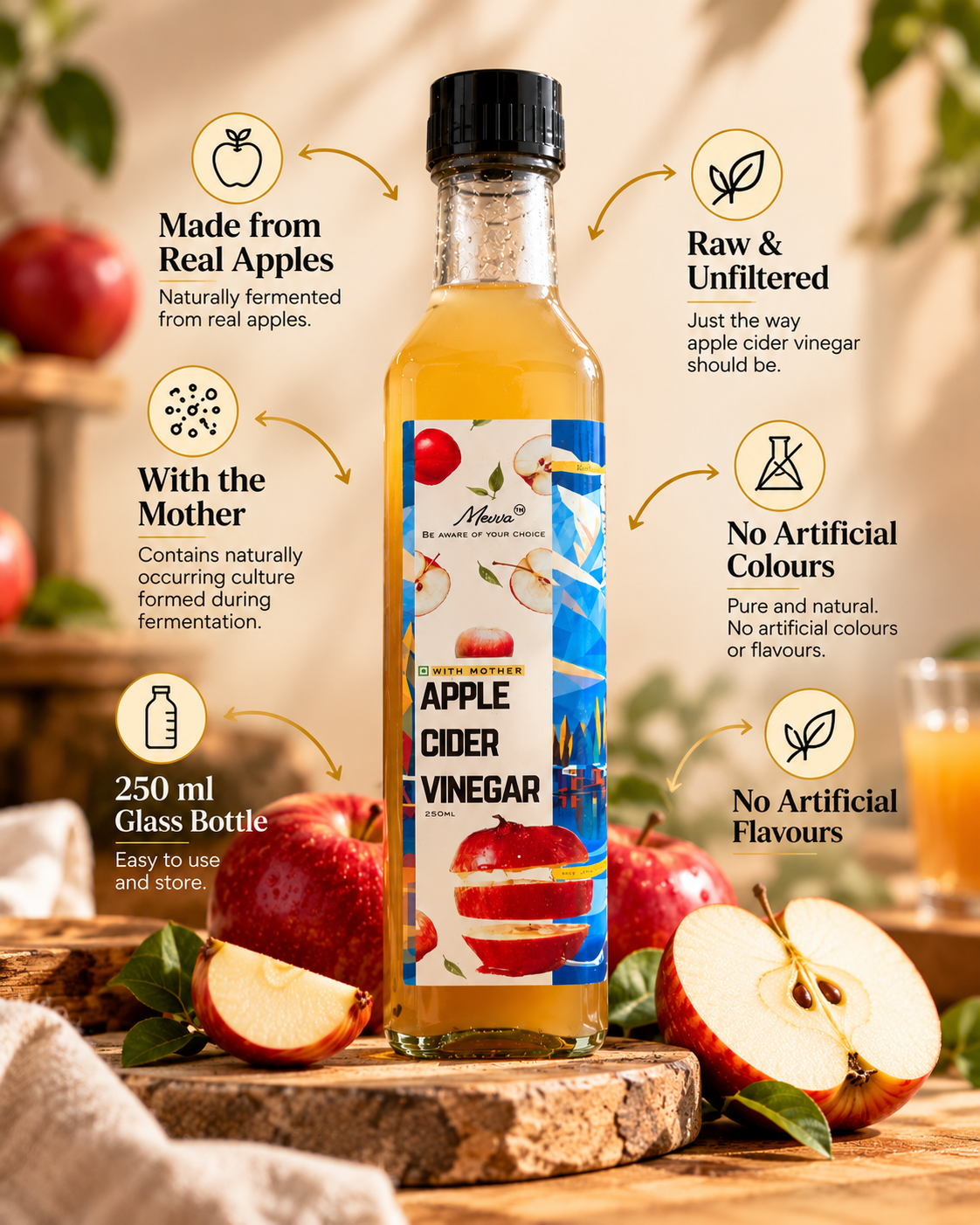 Mevva apple cider vinegar: made from real apples, raw and unfiltered, with the Mother, no artificial colours or flavours