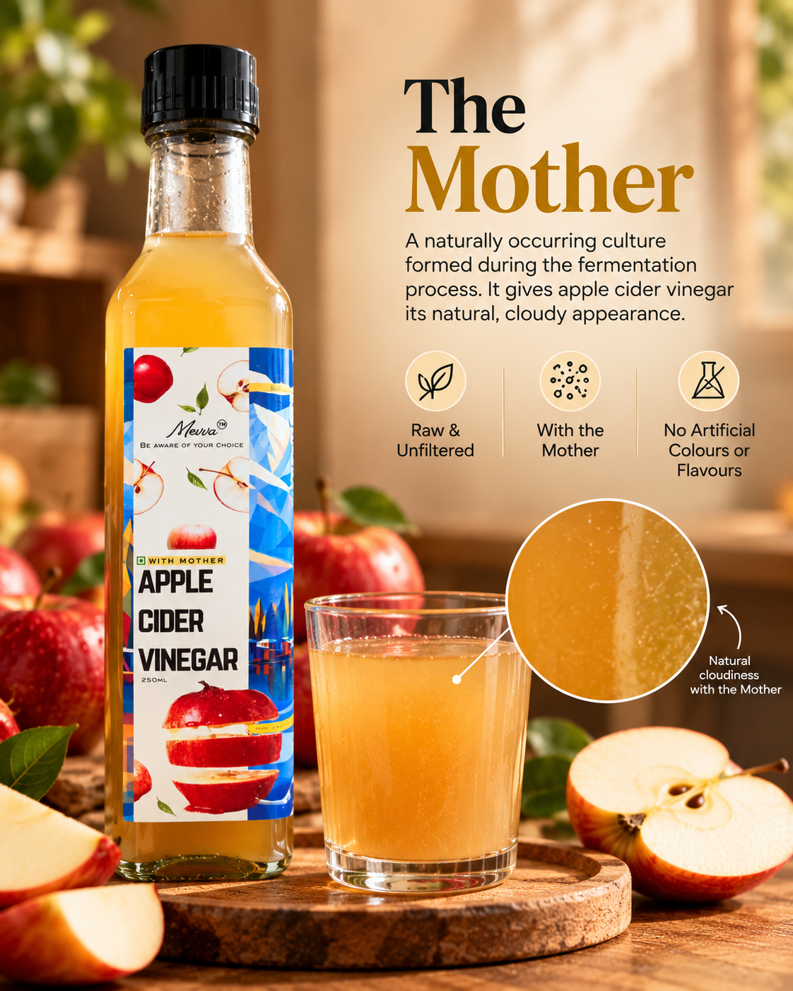 The Mother in apple cider vinegar: natural cloudiness in a glass of Mevva raw apple cider vinegar