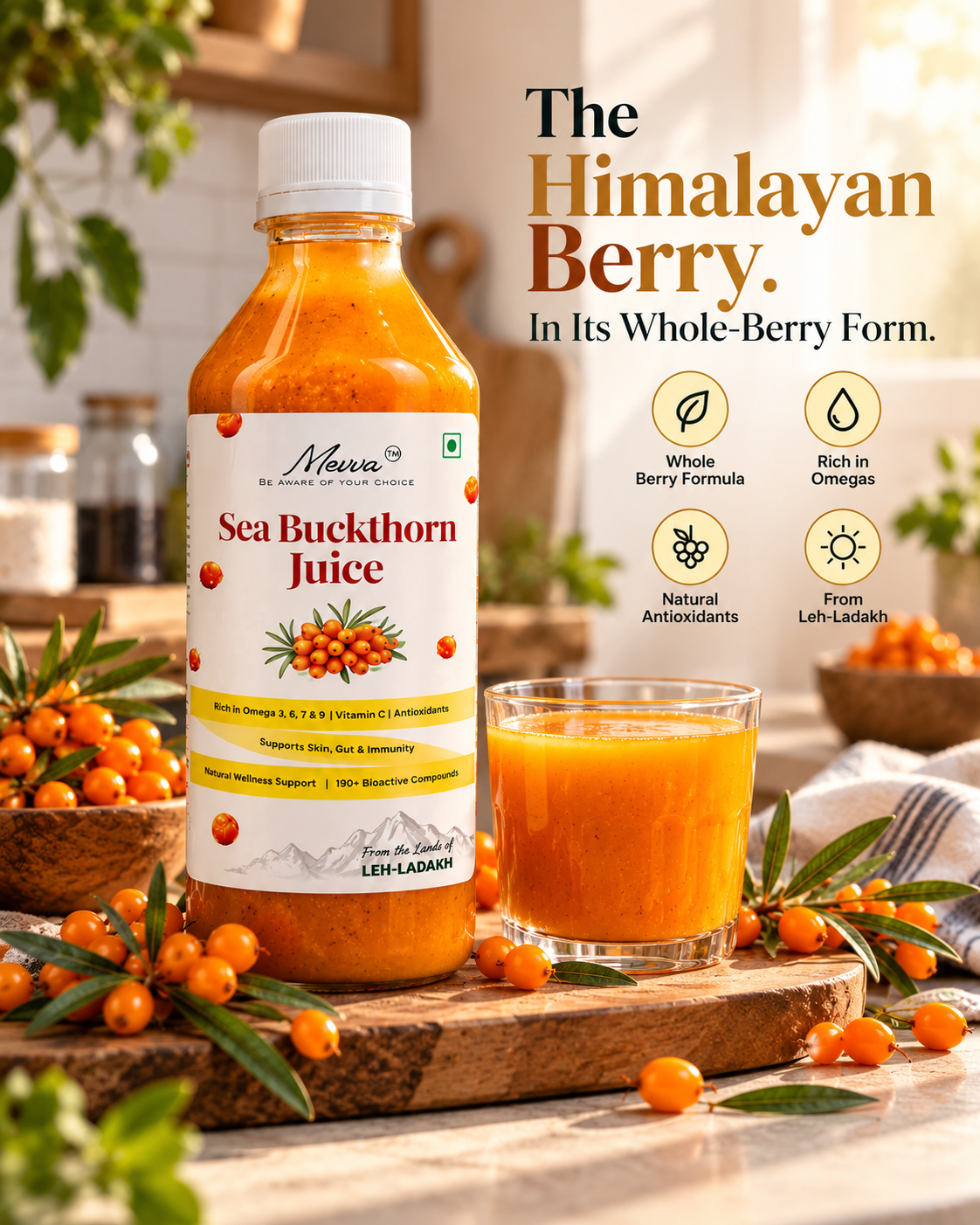 Mevva sea buckthorn juice bottle and a glass of juice on a wooden board with berries, under the heading The Himalayan Berry in its whole-berry form