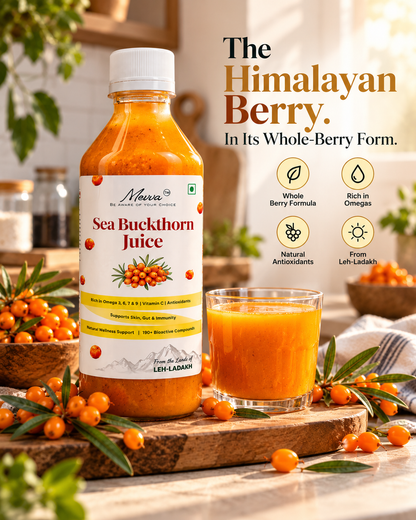 Mevva sea buckthorn juice bottle and a glass of juice on a wooden board with berries, under the heading The Himalayan Berry in its whole-berry form