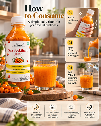 How to consume Mevva sea buckthorn juice: shake the bottle, pour about 15 ml into a glass, add 250 ml lukewarm water and mix