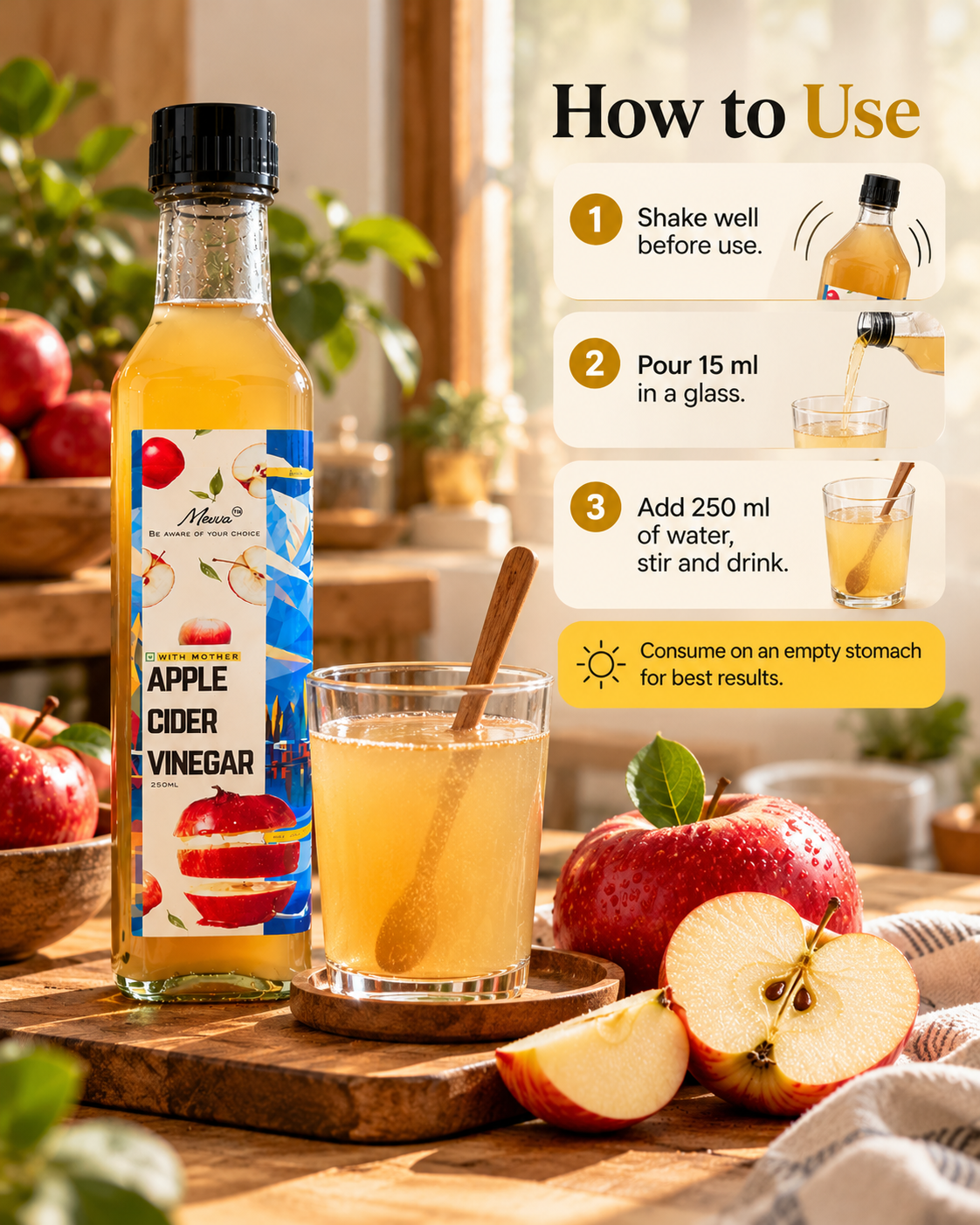 How to use Mevva apple cider vinegar: shake, pour into a glass, add 250 ml of water, stir and drink