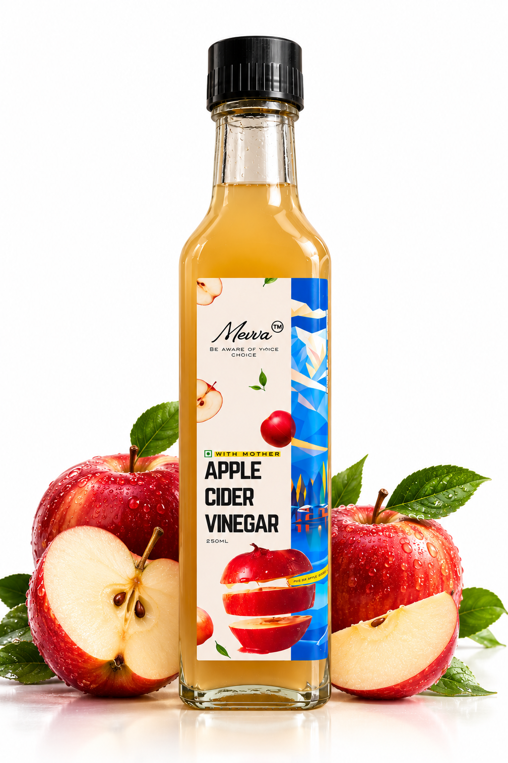 Mevva raw apple cider vinegar with Mother, 250ml glass bottle with fresh red apples