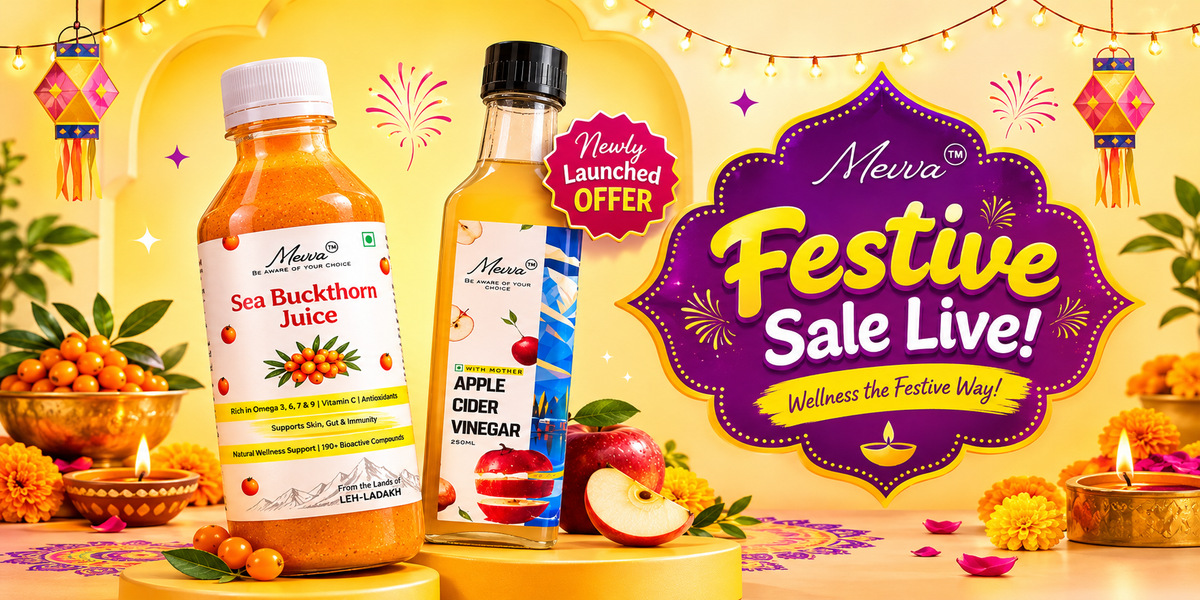 Mevva festive sale banner with a sea buckthorn juice bottle and an apple cider vinegar bottle, Diwali lamps and marigolds