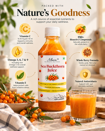 Mevva sea buckthorn juice bottle and glass of juice with a nutrient infographic: vitamin C, omega 3, 6, 7 and 9, vitamin E, 190+ bioactive compounds and whole-berry formula