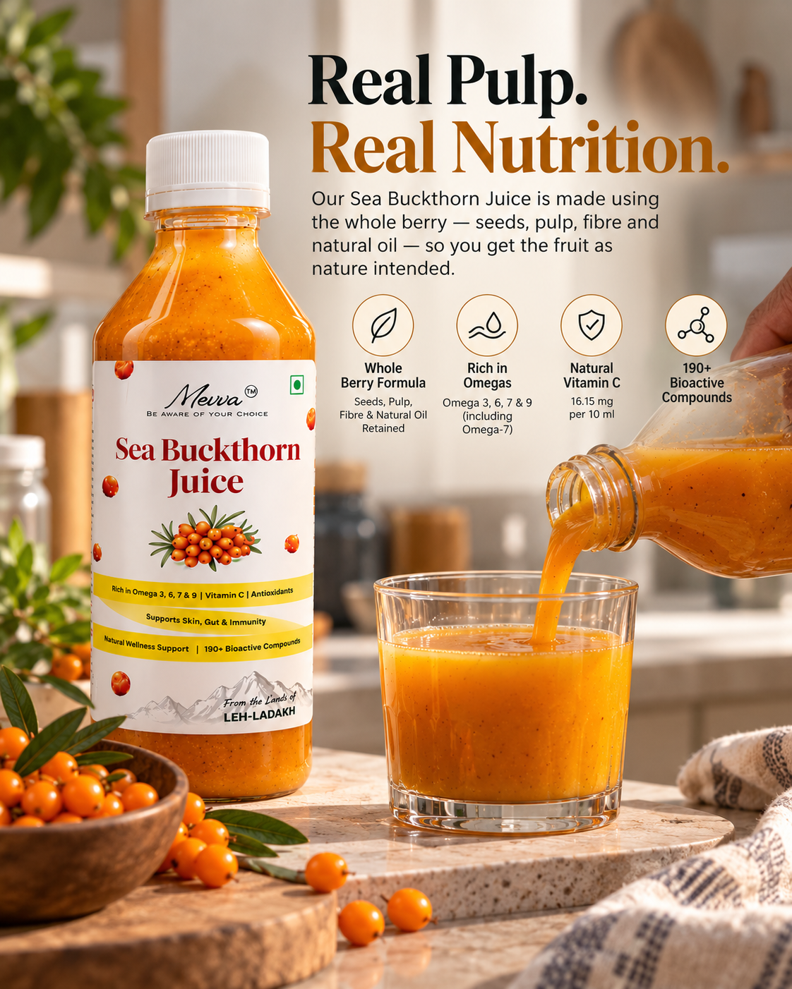 Mevva sea buckthorn juice bottle beside a glass being filled, with icons for whole berry formula, omegas, vitamin C and bioactive compounds