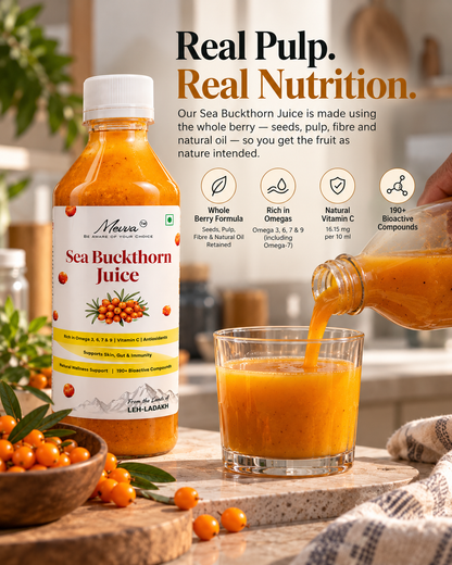 Mevva sea buckthorn juice bottle beside a glass being filled, with icons for whole berry formula, omegas, vitamin C and bioactive compounds