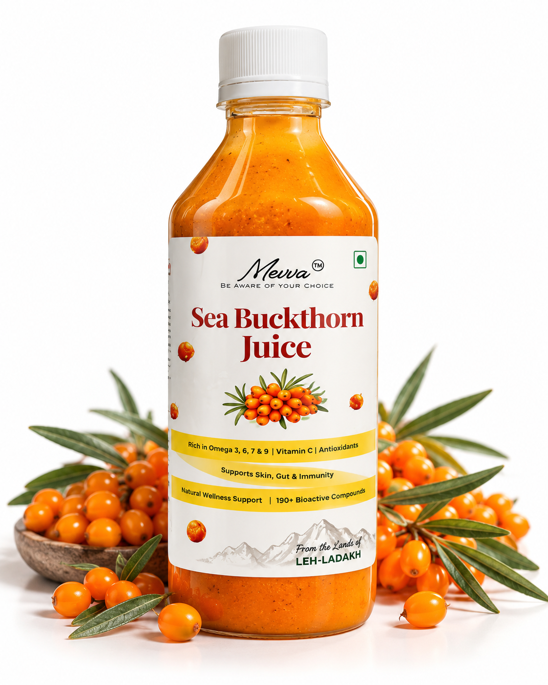 Mevva Sea Buckthorn Juice bottle surrounded by fresh orange sea buckthorn berries and leaves