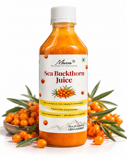 Mevva Sea Buckthorn Juice bottle surrounded by fresh orange sea buckthorn berries and leaves